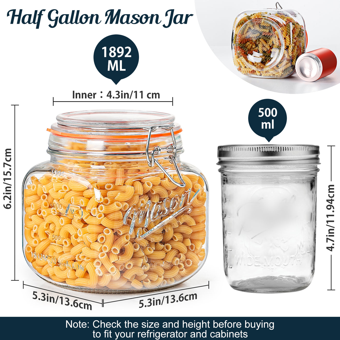 2 Pc 0.5 Gallon Mason Jar with Airtight Glass Lid