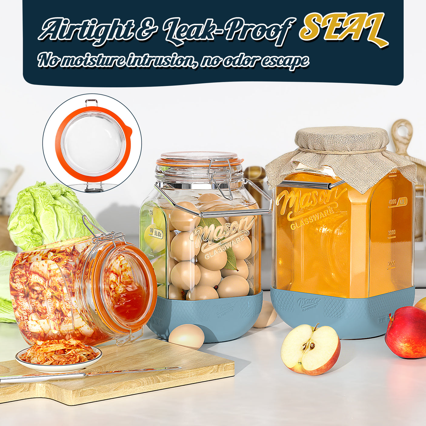 2 Pc 1 Gallon Glass Mason Jar with Silicone Anti-slip Cover & Airtight Glass Lid, Steel Removable Handle
