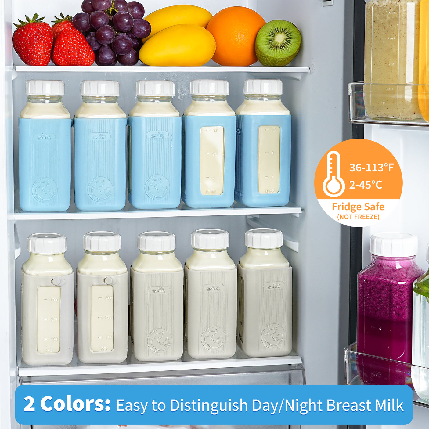 Syntic 2 Pc 16 Oz Day & Night Dual-use Glass Breastmilk Storage Bottle with Airtight Lids & 2 Pour Spouts