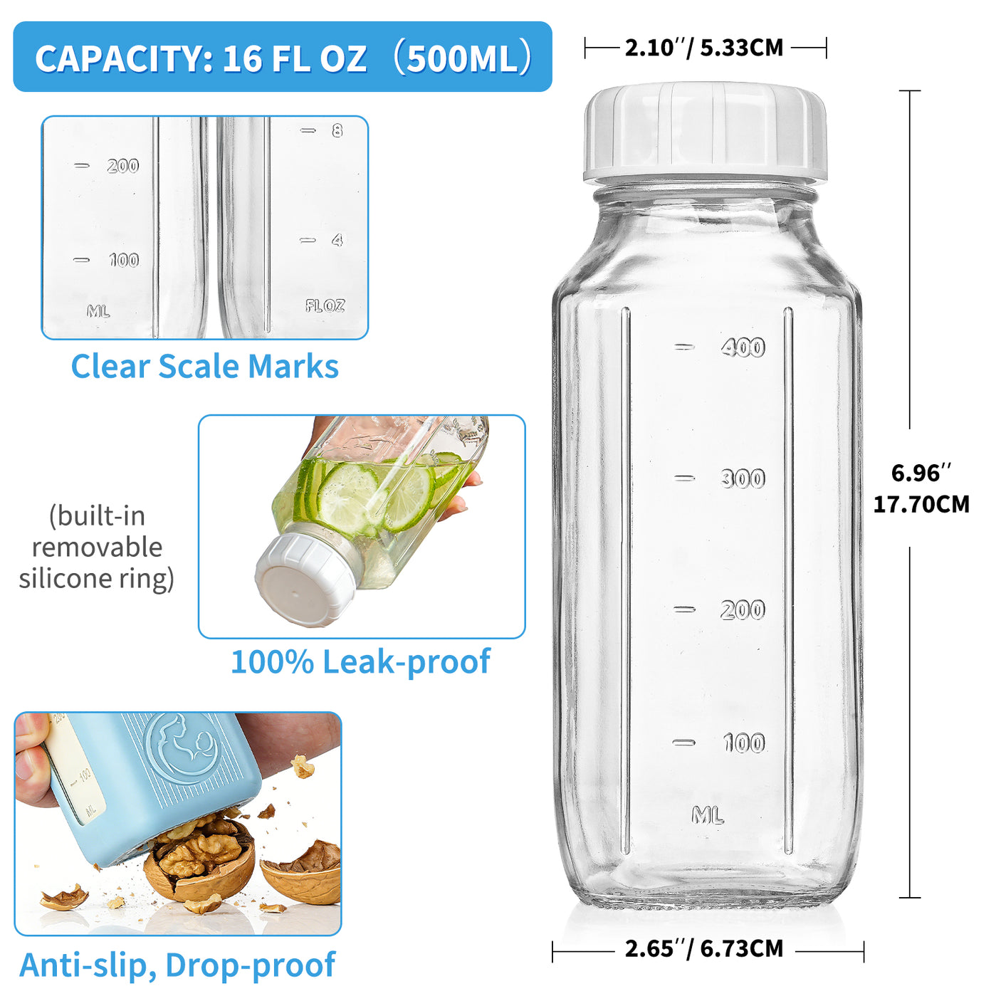 Syntic 2 Pc 16 Oz Day & Night Dual-use Glass Breastmilk Storage Bottle with Airtight Lids & 2 Pour Spouts