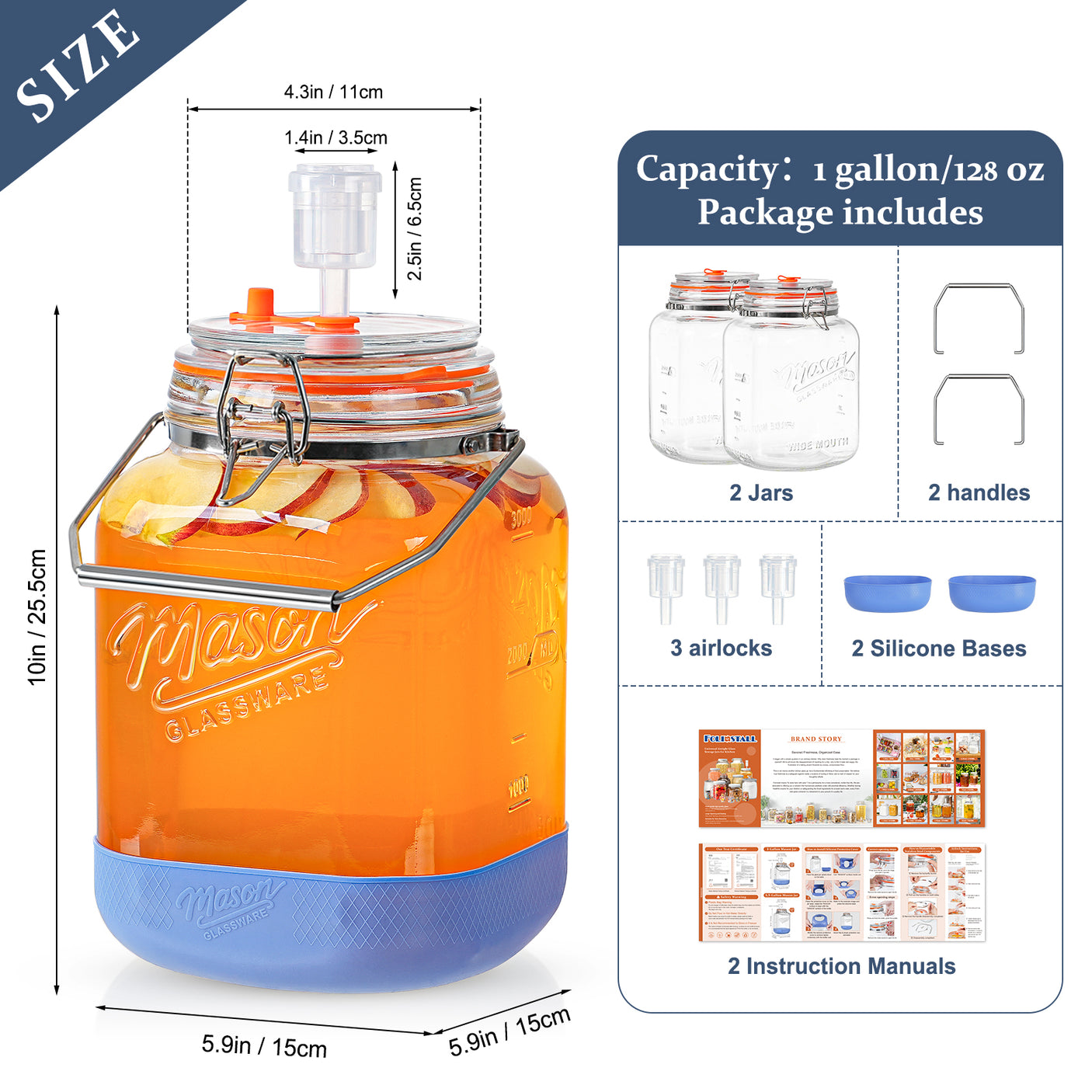 2 Pc 1 Gallon Fermentation Jar with Steel Handle, Silicone Anti-slip Cover, 3 Airlocks