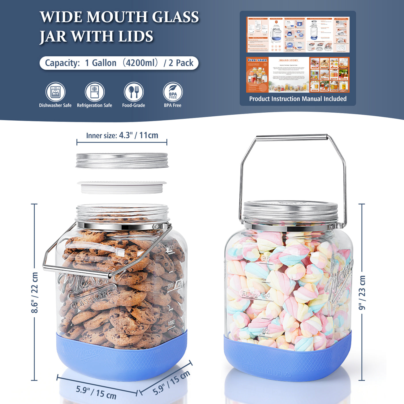 2 Pc 1 Gallon Glass Jar with Metal Screw Lid, Removable Handle & Silicone Cover