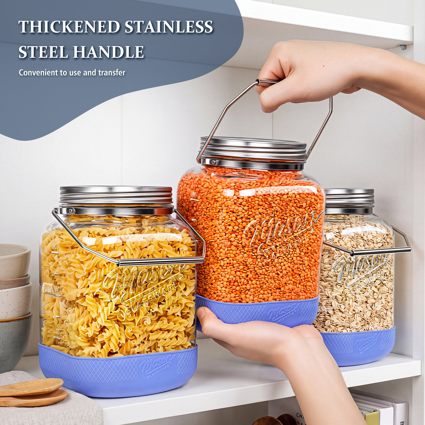 2 Pc 1 Gallon Glass Jar with Metal Screw Lid, Removable Handle & Silicone Cover