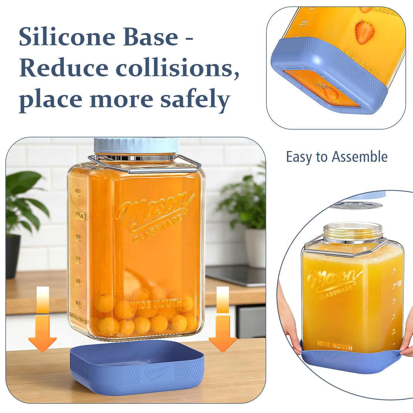 2 Pc 2 Gallon Storage Glass Jar with Tri-Layer Airtight Lid, Non-slip Silicone Sleeve & Removable Handle