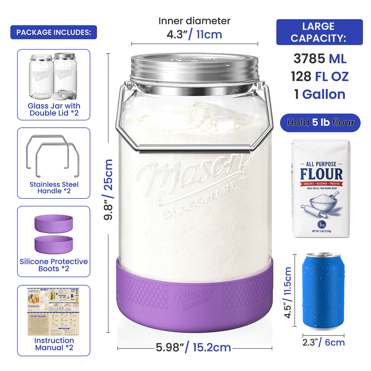 2 Pc 1 Gallon Storage Glass Jar with Airtight Metal Lid, Removable Handle & Silicone Sleeve