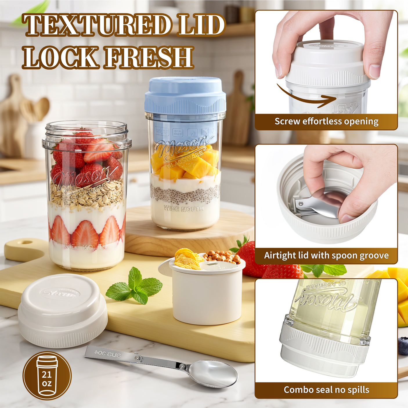 Syntic 21 Oz Customized Overnight Oats Mason Jar