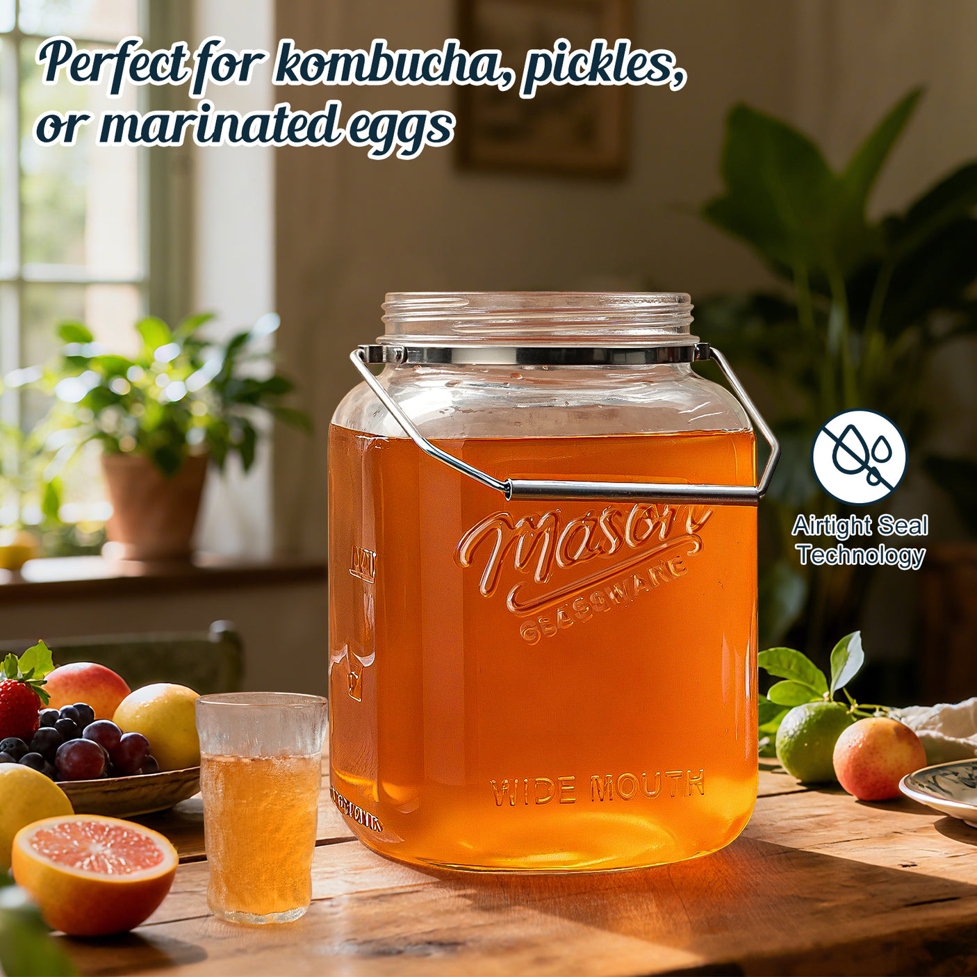 2 Pc 1 Gallon Square Mason Jar with Silicone Anti-slip Cover & Airtight Lid, Steel Removable Handle