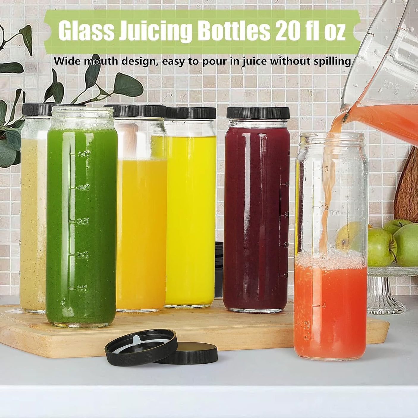 20 Oz Round Tall Glass Bottles with Black Airtight Screw Lid