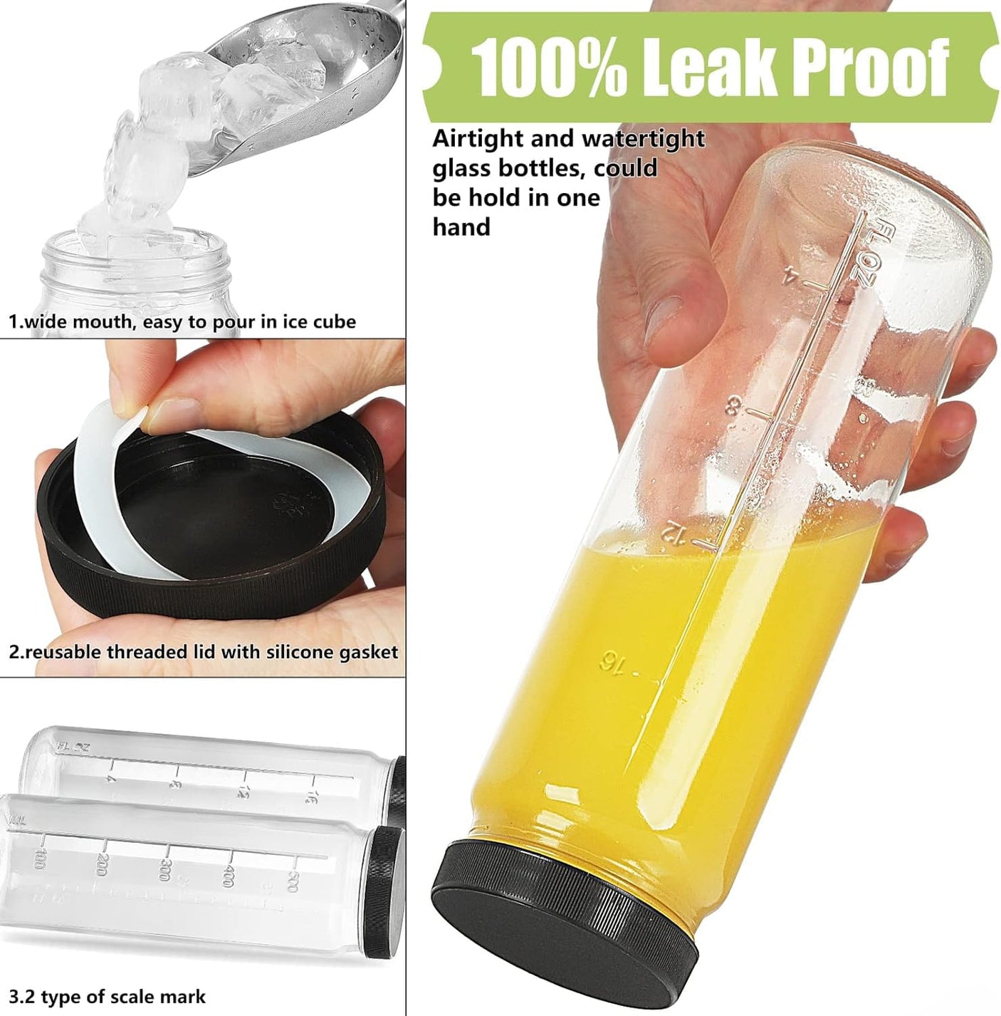 20 Oz Round Tall Glass Bottles with Black Airtight Screw Lid