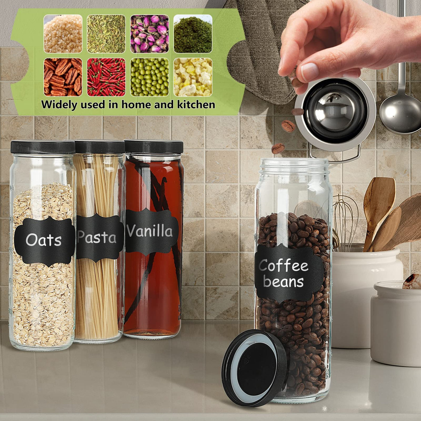 20 Oz Round Tall Glass Bottles with Black Airtight Screw Lid