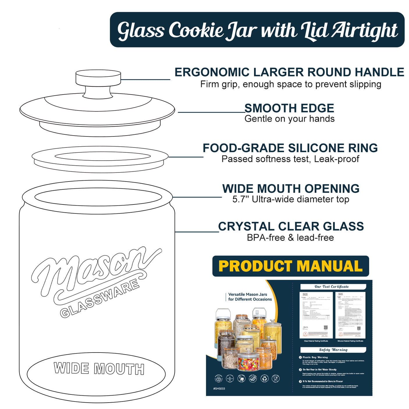 1 Pc 1 Gallon Glass Mason Cookie Jar with Glass Lid