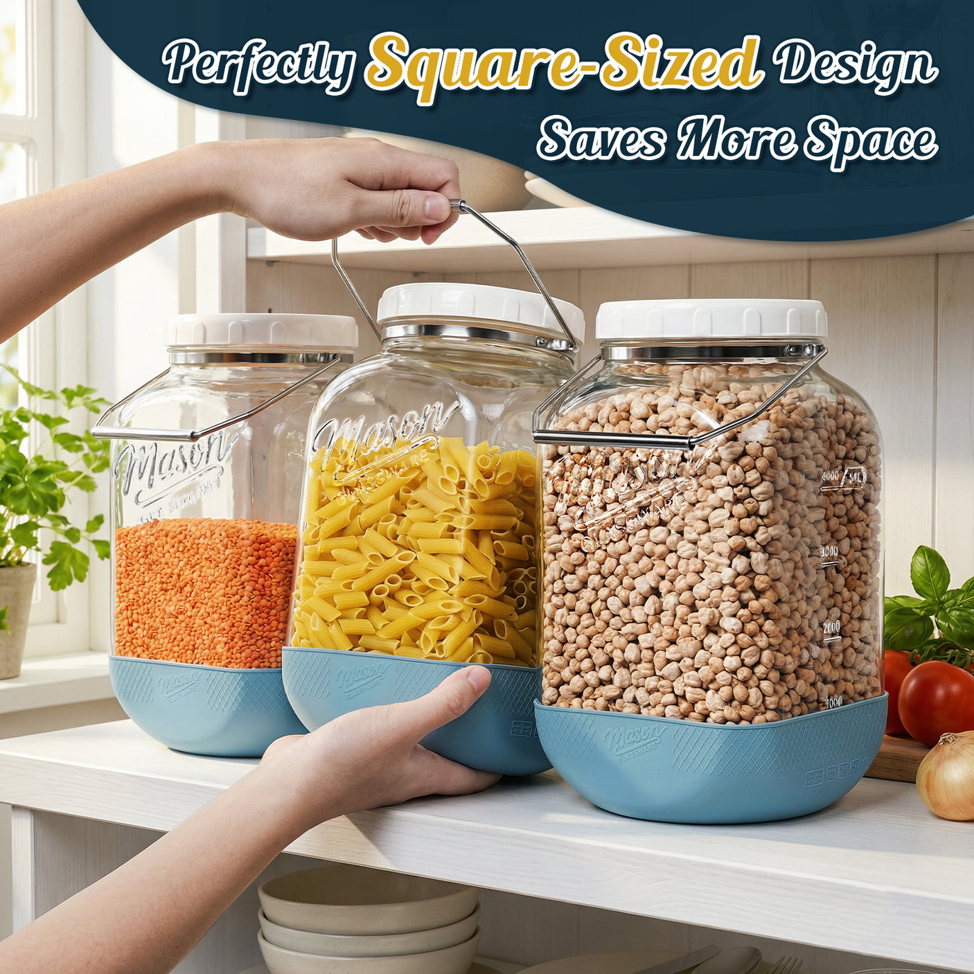 2 Pc 1.5 Gallon Storage Mason Jar with Silicone Anti-slip Cover & Airtight Lid, Steel Removable Handle