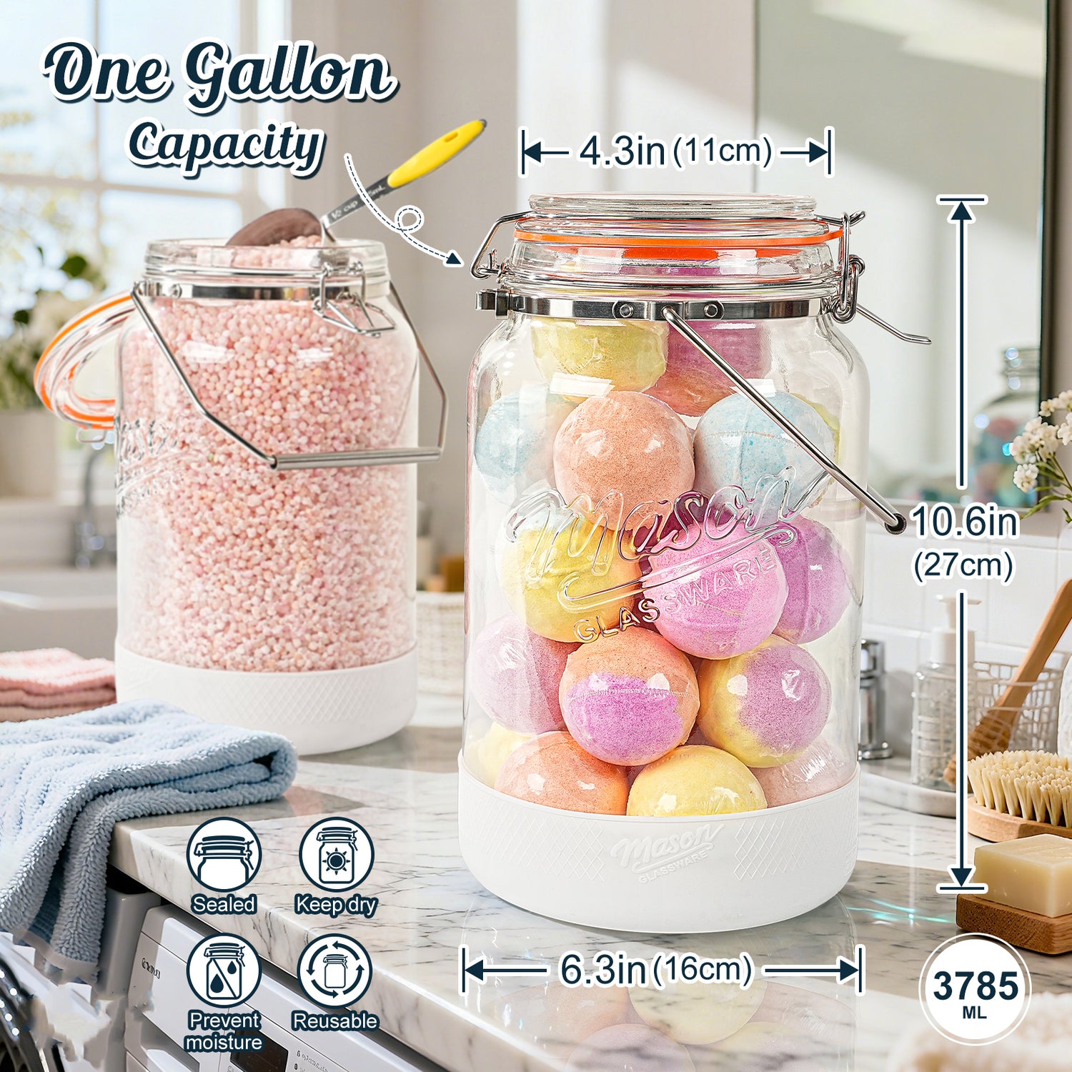 2 Pc 1 Gallon Glass Mason Jar with Silicone Anti-slip Cover & Airtight Glass Lid, Steel Removable Handle