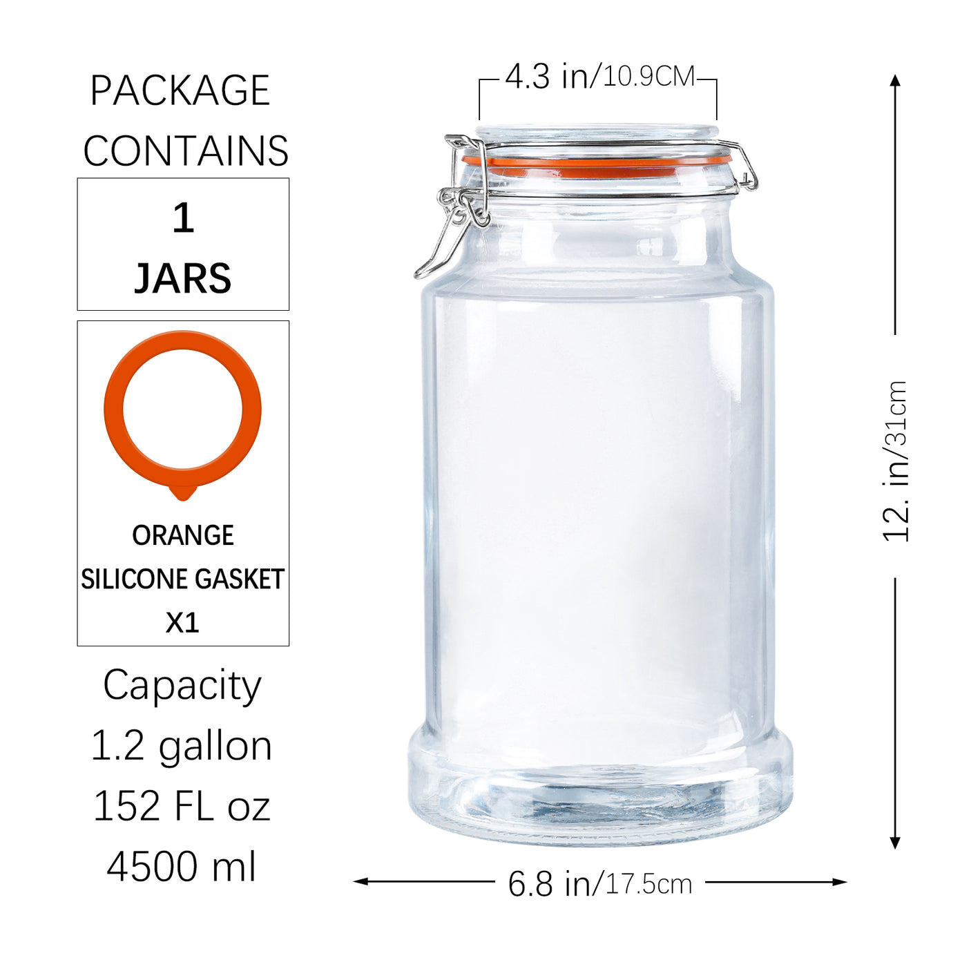 1.2 Gallon Airtight Glass Bottle & Jar with Hinged Lid