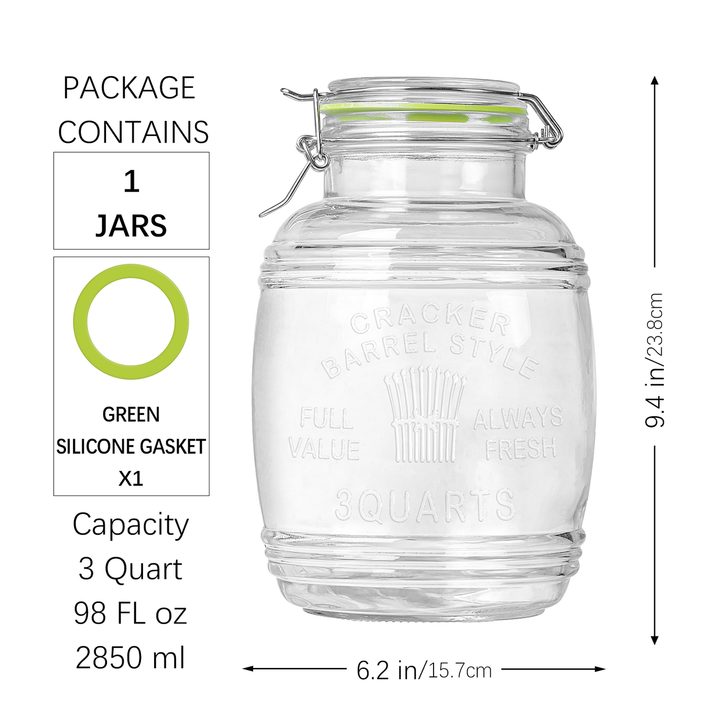 2 Pcs 98 oz Retro Barrel Style Glass Jars(Hinged Lids)