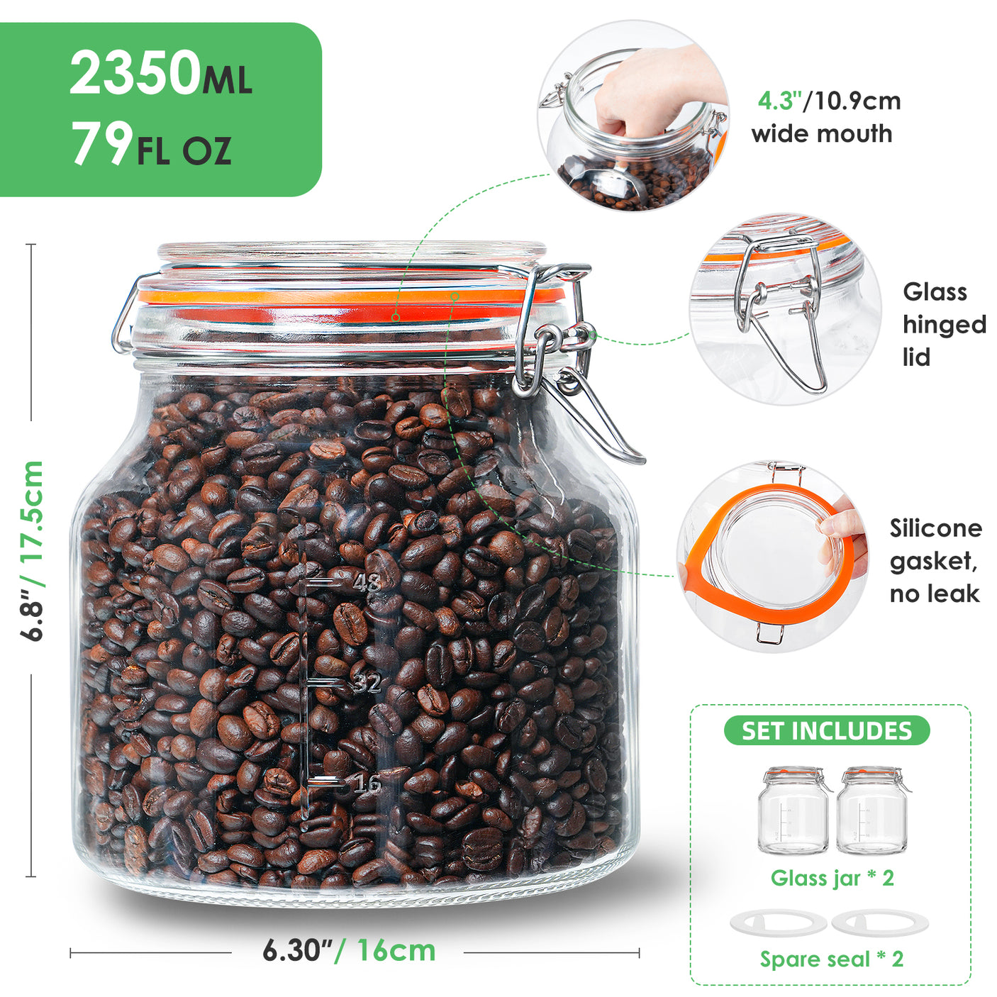 2 Pcs 79oz Glass Jars with 100% Airtight Clipped Lid