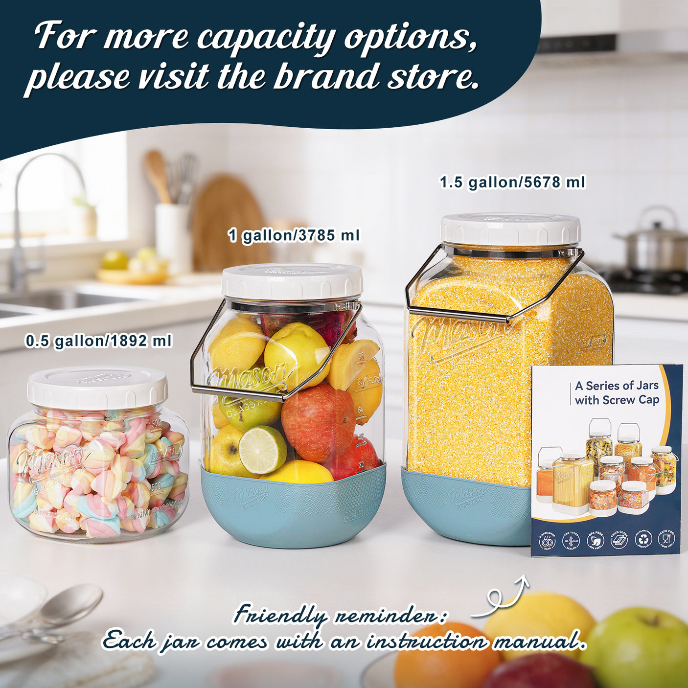 2 Pc 1.5 Gallon Storage Mason Jar with Silicone Anti-slip Cover & Airtight Lid, Steel Removable Handle