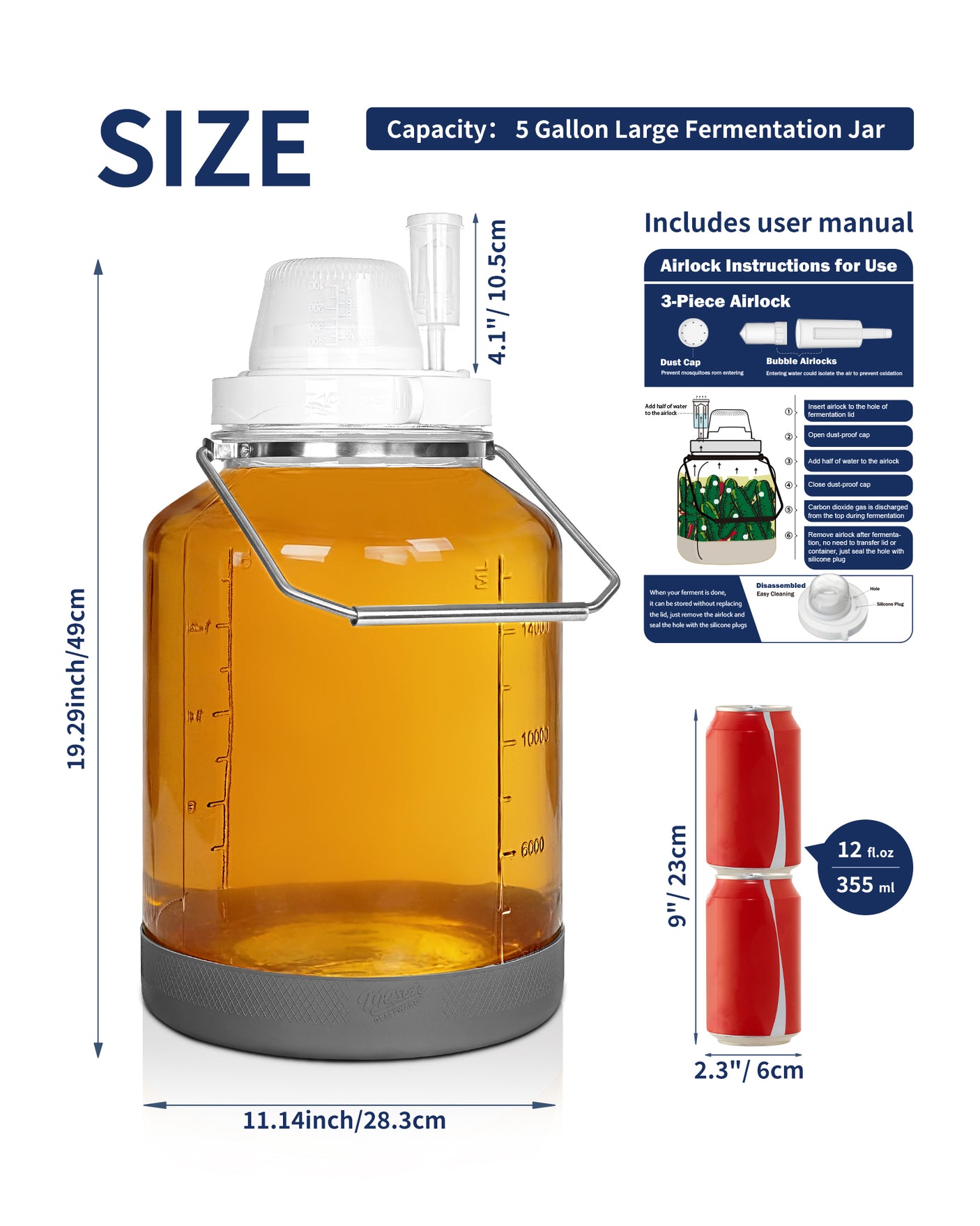 5 Gallon Super Large Fermentation Glass Jar with Handle, Silicone Anti-slip Cover, Airlocks