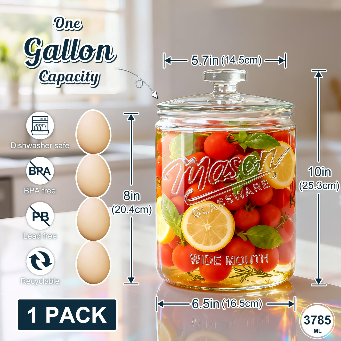 1 Pc 1 Gallon Glass Mason Cookie Jar with Glass Lid