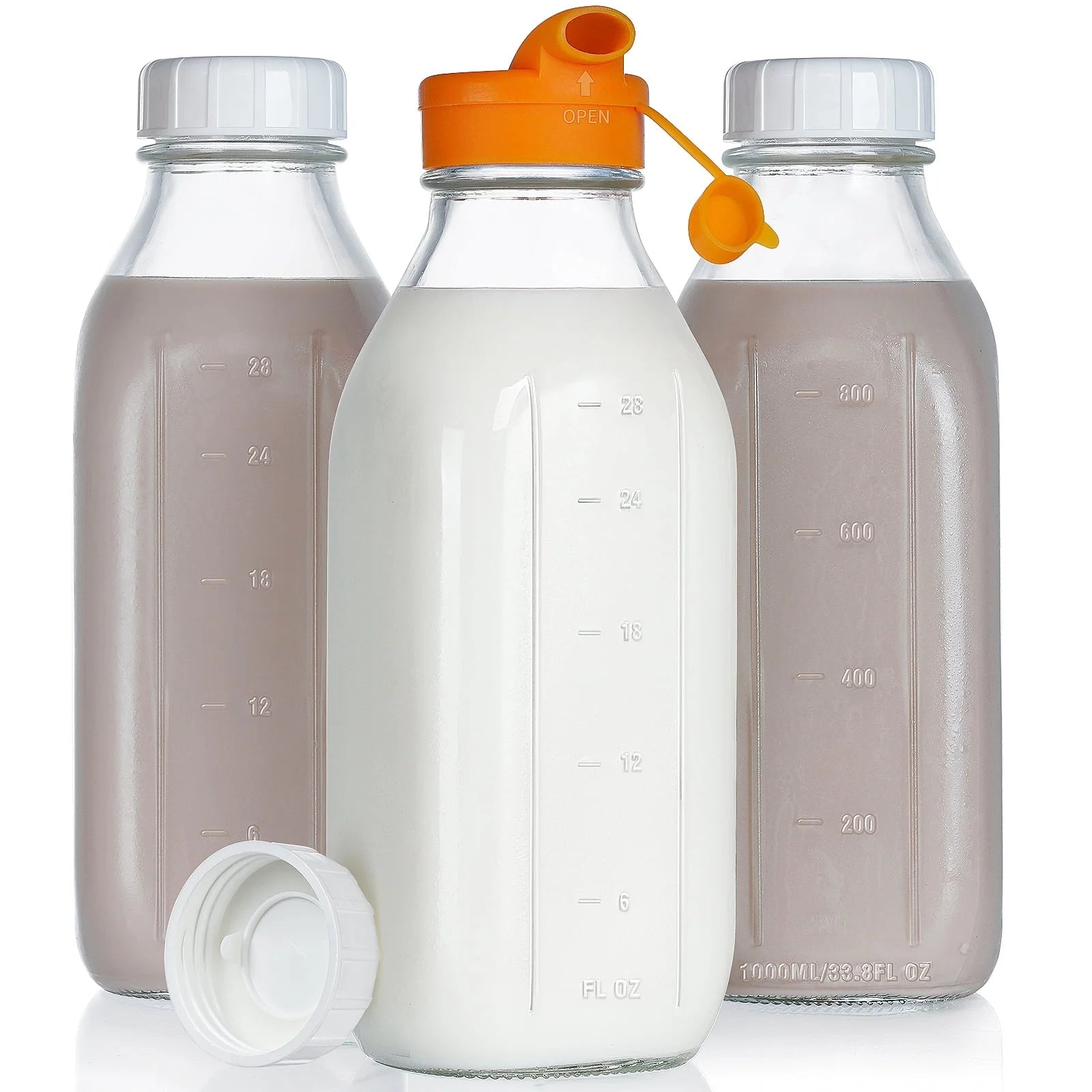 3 Pack Liter Glass Milk Bottles w Scale, 100% Airtight Reusable Screw Lid, 32 Oz Water Bottle w 2 Silicone Covers, Breast Milk Storage Containers for Fridge, Milk, Honey