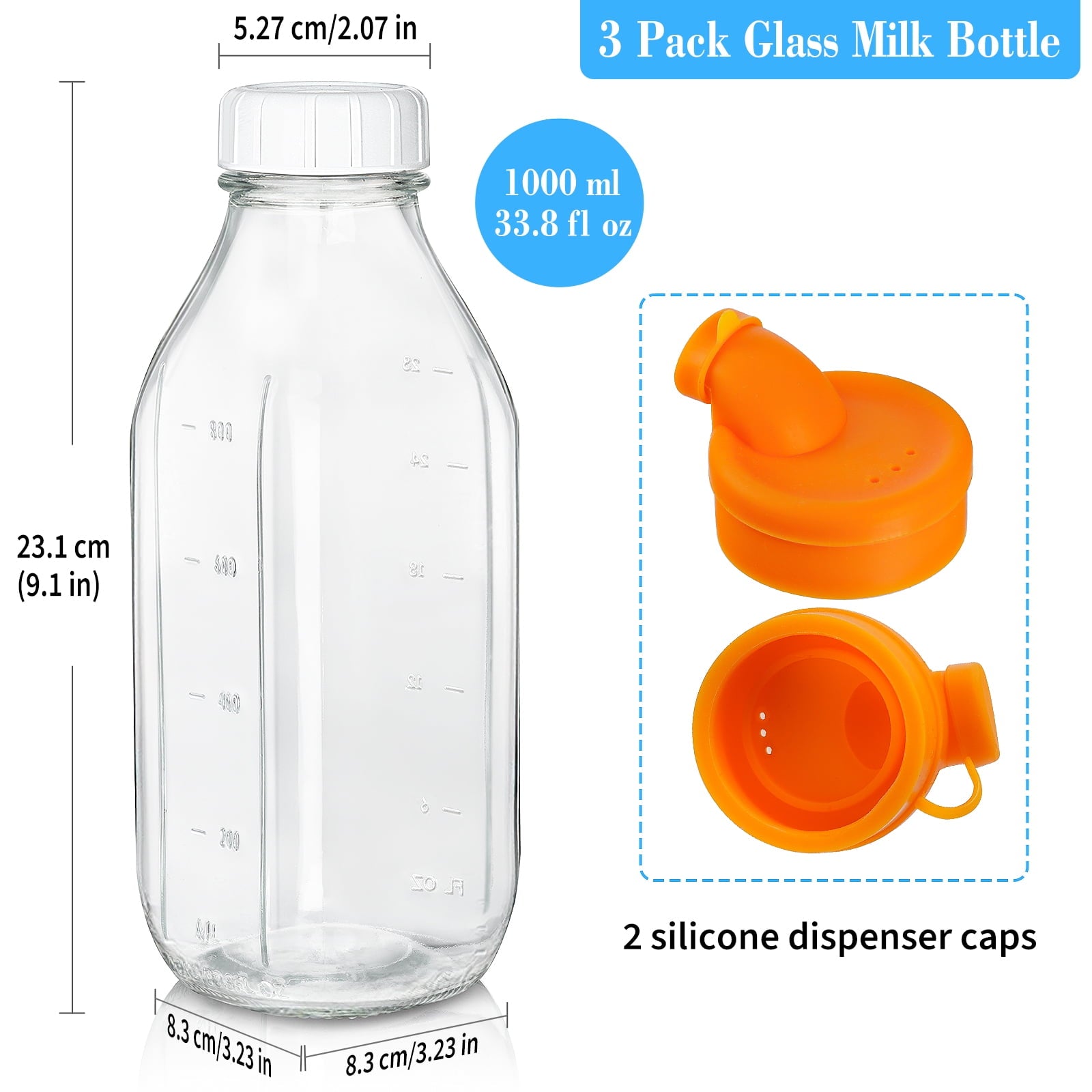 3 Pack Liter Glass Milk Bottles w Scale, 100% Airtight Reusable Screw Lid, 32 Oz Water Bottle w 2 Silicone Covers, Breast Milk Storage Containers for Fridge, Milk, Honey