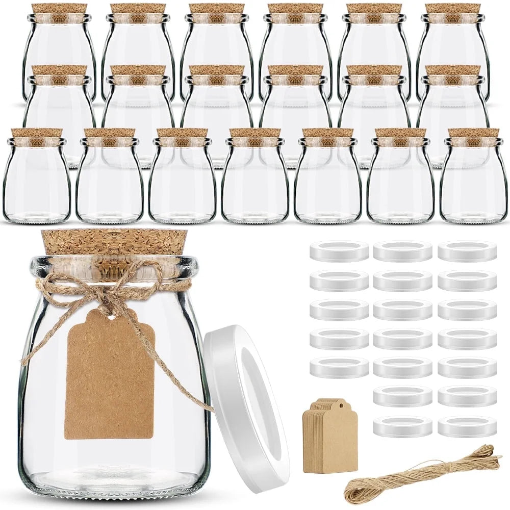 Syntic 7oz Carafe Glass Mason Jar Kitchen Food Storage Canister w Cork Lids small gift(Set of 20)