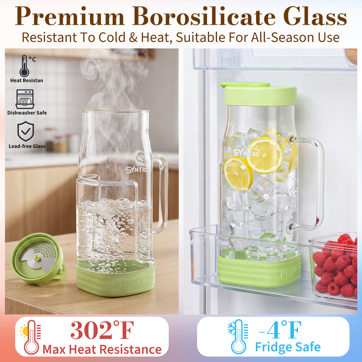 Syntic 2L Glass Pitcher with Glass Handle, Silicone Base & Dual-Pour Design Lid