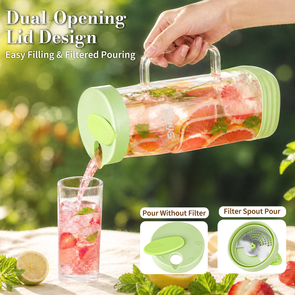 Syntic 2L Glass Pitcher with Glass Handle, Silicone Base & Dual-Pour Design Lid
