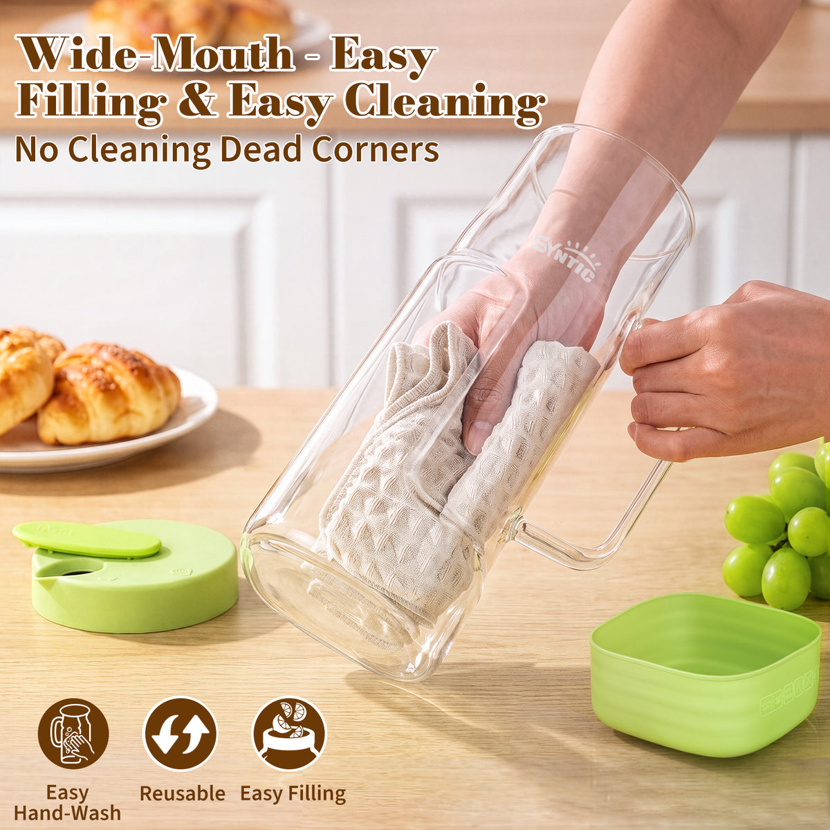 Syntic 2L Glass Pitcher with Glass Handle, Silicone Base & Dual-Pour Design Lid