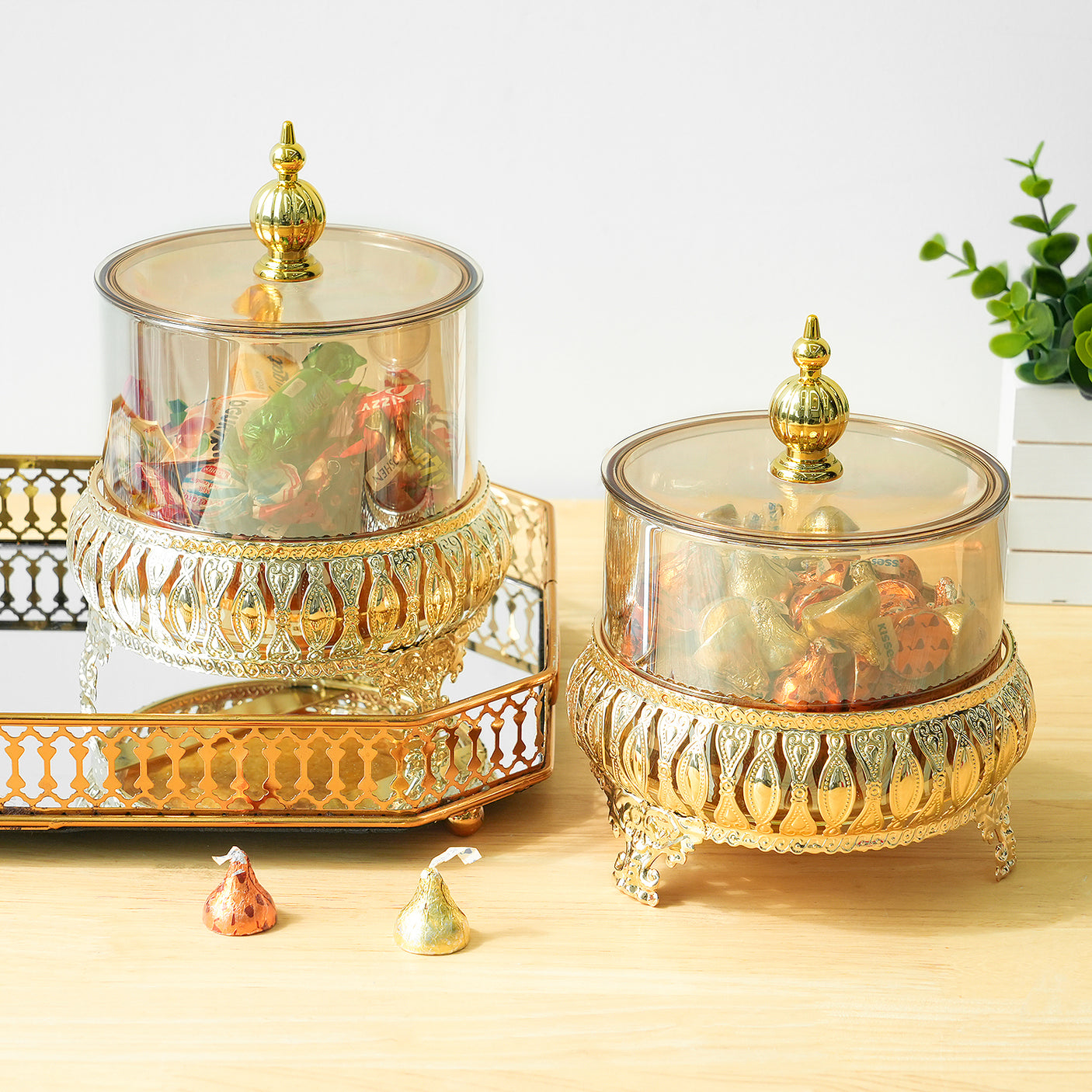 Medieval Vintage Style Golden Glass Storage Jar with Metal Stand