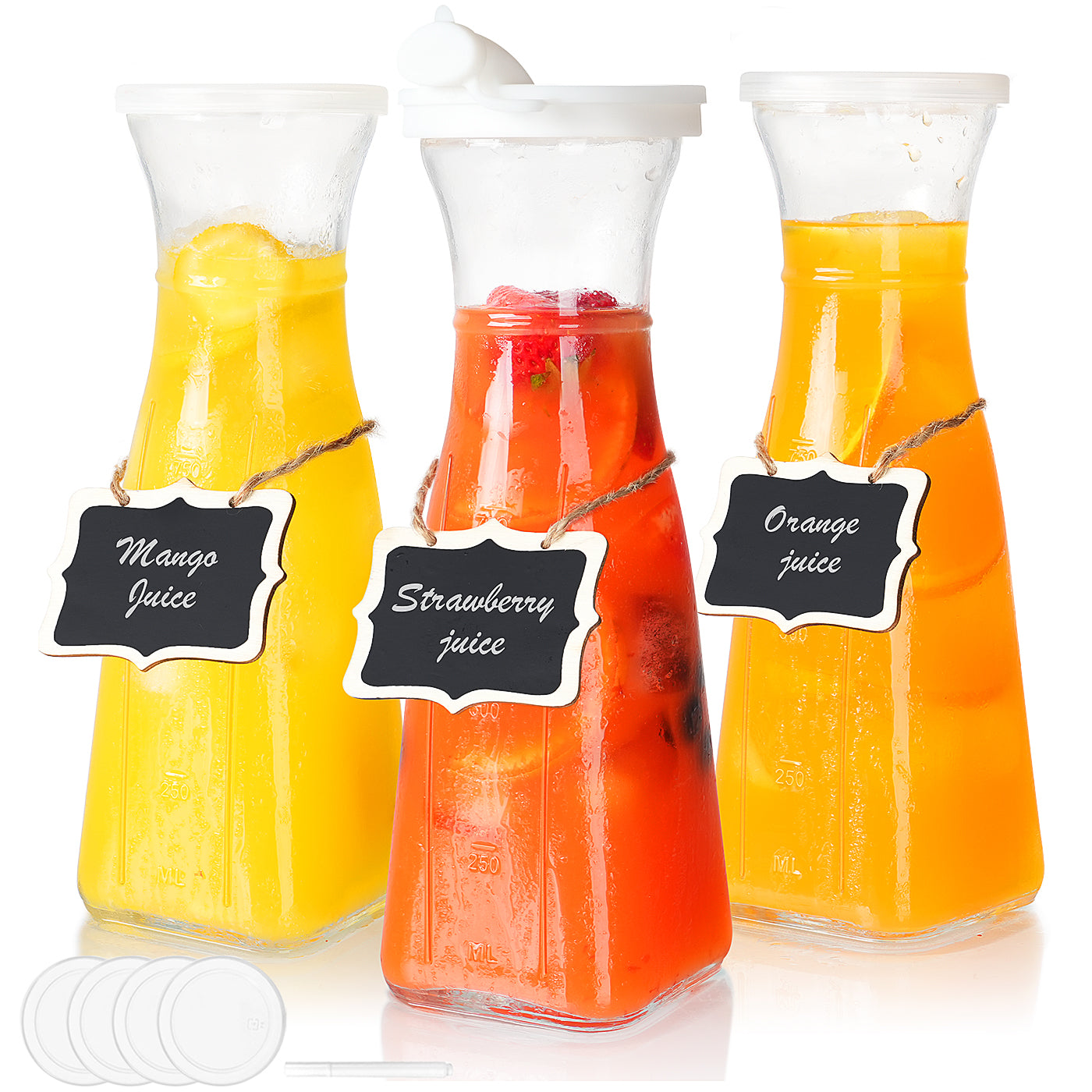 3 Pcs 35 Oz Square Glass Carafe with 4 Lids and 2 Silicone Pour Spouts