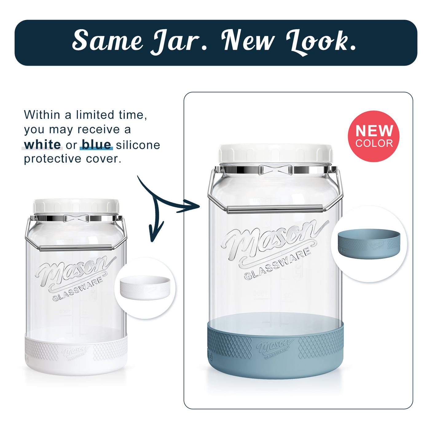 2 Pc 1 Gallon Glass Mason Jar with Silicone Anti-slip Cover & Airtight Lid, Steel Removable Handle