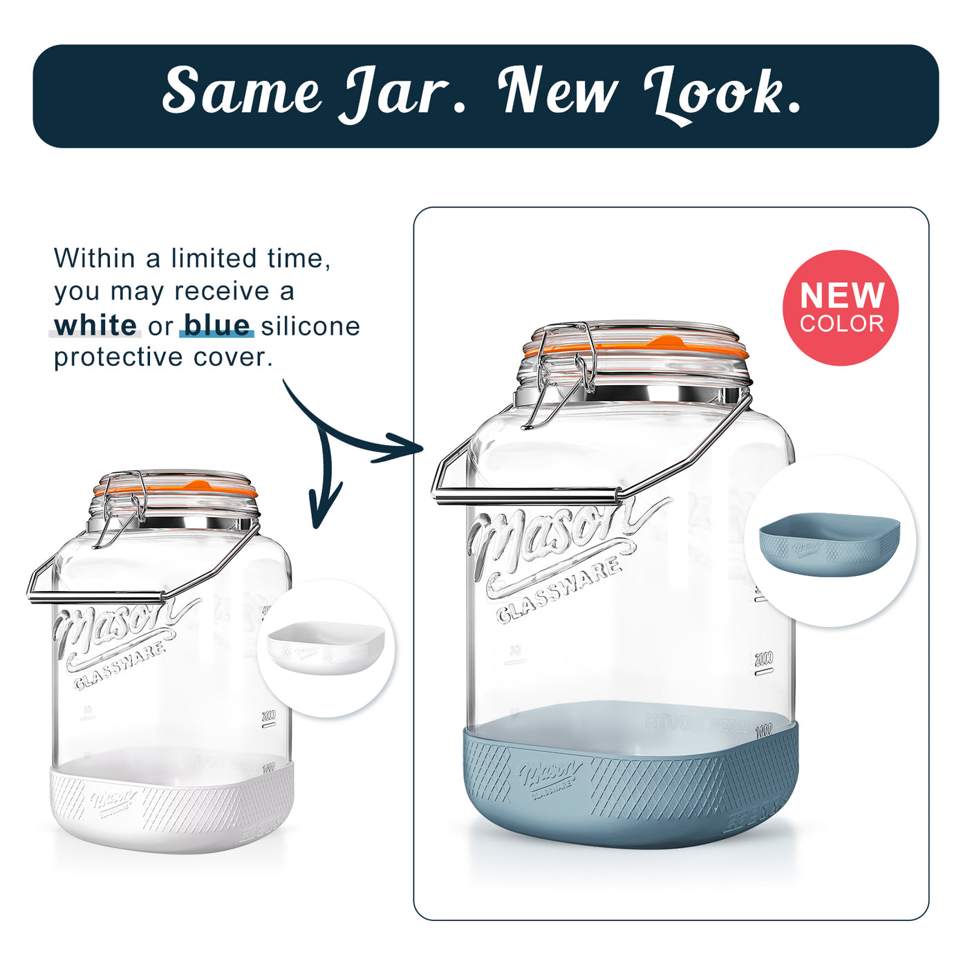 2 Pc 1 Gallon Glass Mason Jar with Silicone Anti-slip Cover & Airtight Glass Lid, Steel Removable Handle