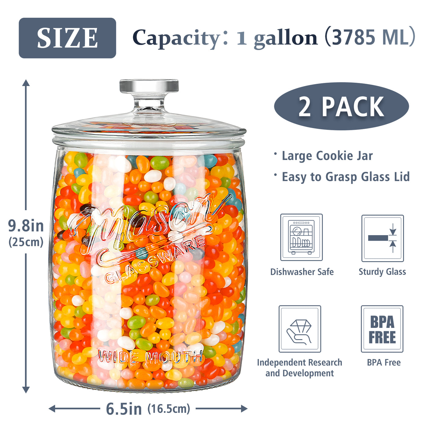 2 Pcs 1 Gallon Super Wide Mouth Mason Jar with Airtight Glass Lid
