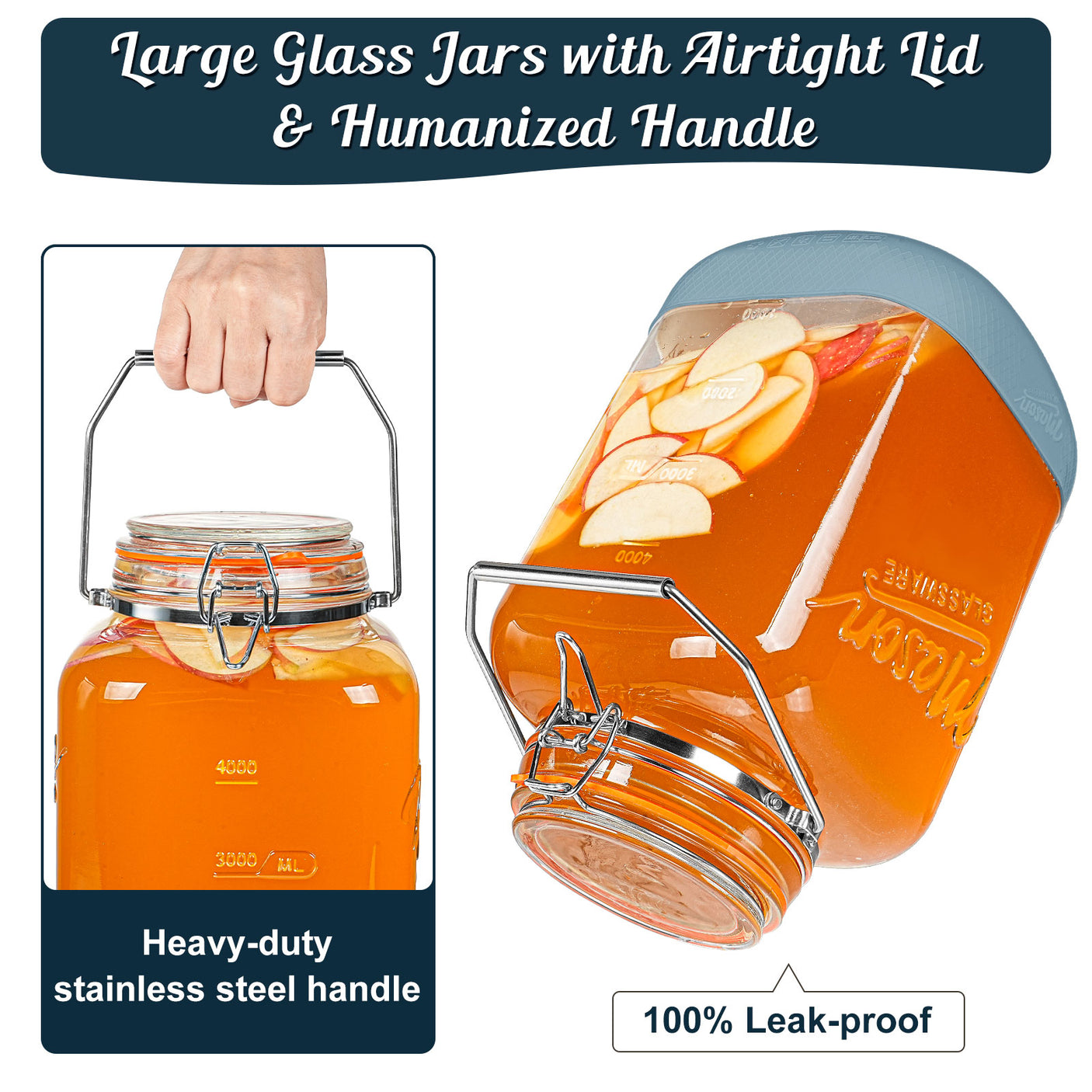 2 Pc 1.5 Gallon Glass Mason Jar with Silicone Anti-slip Cover & Airtight Glass Lid, Steel Removable Handle