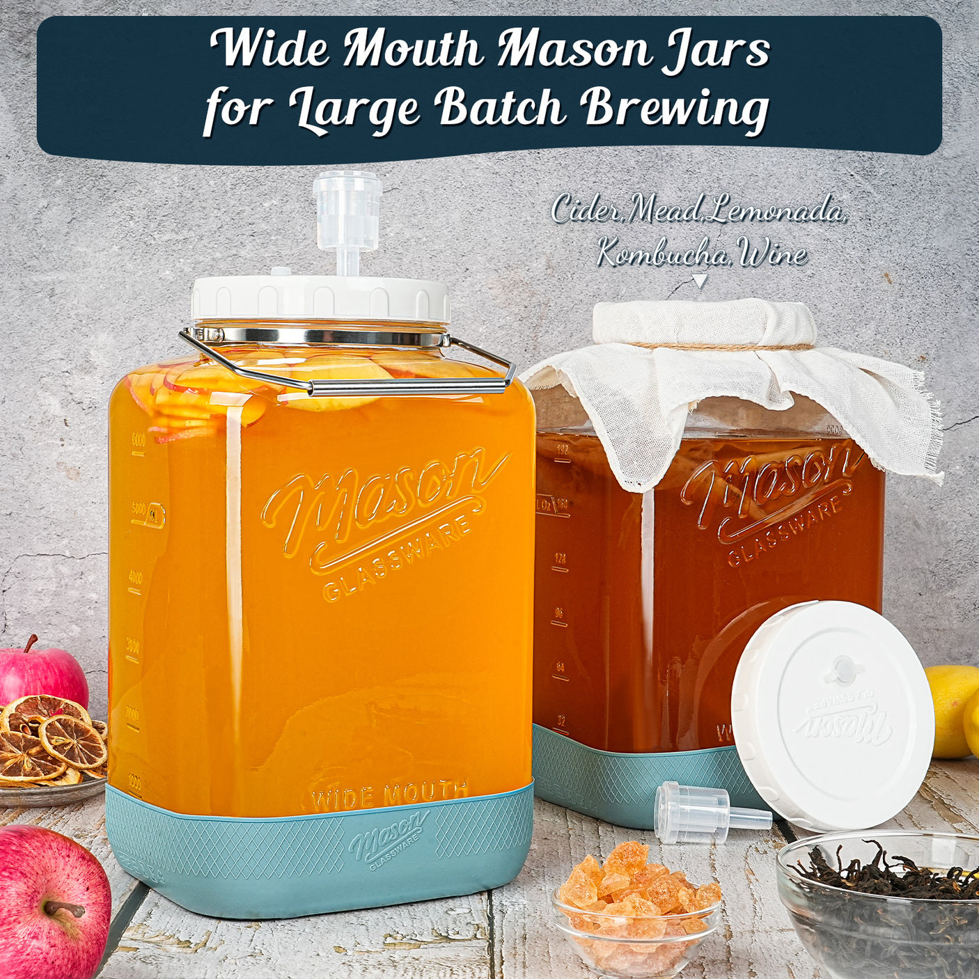 2 Pc 2 Gallon Fermentation Mason Jar with Blue Silicone Anti-slip Cover & Airlocks, Steel Removable Handle