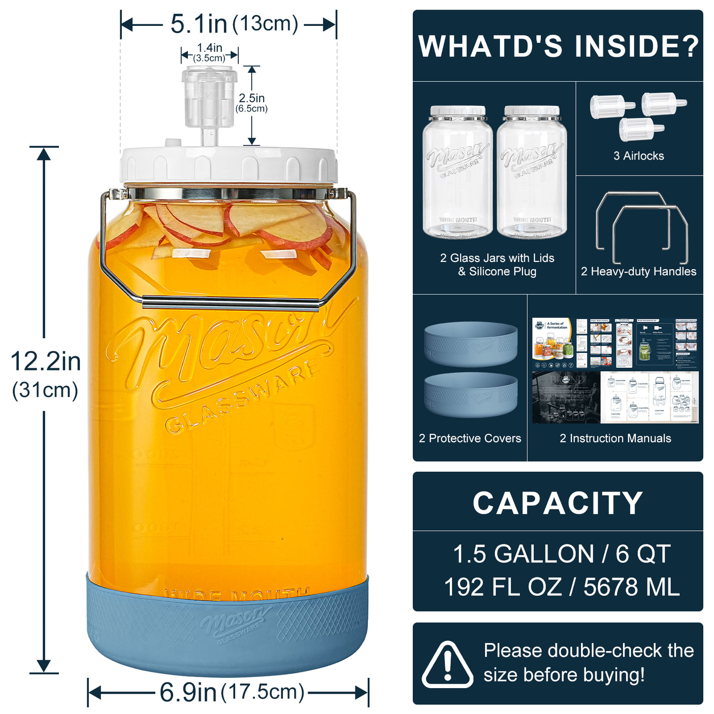 2 Pc 1.5 Gallon Fermentation Mason Jar with Silicone Anti-slip Cover & Airlocks, Steel Removable Handle