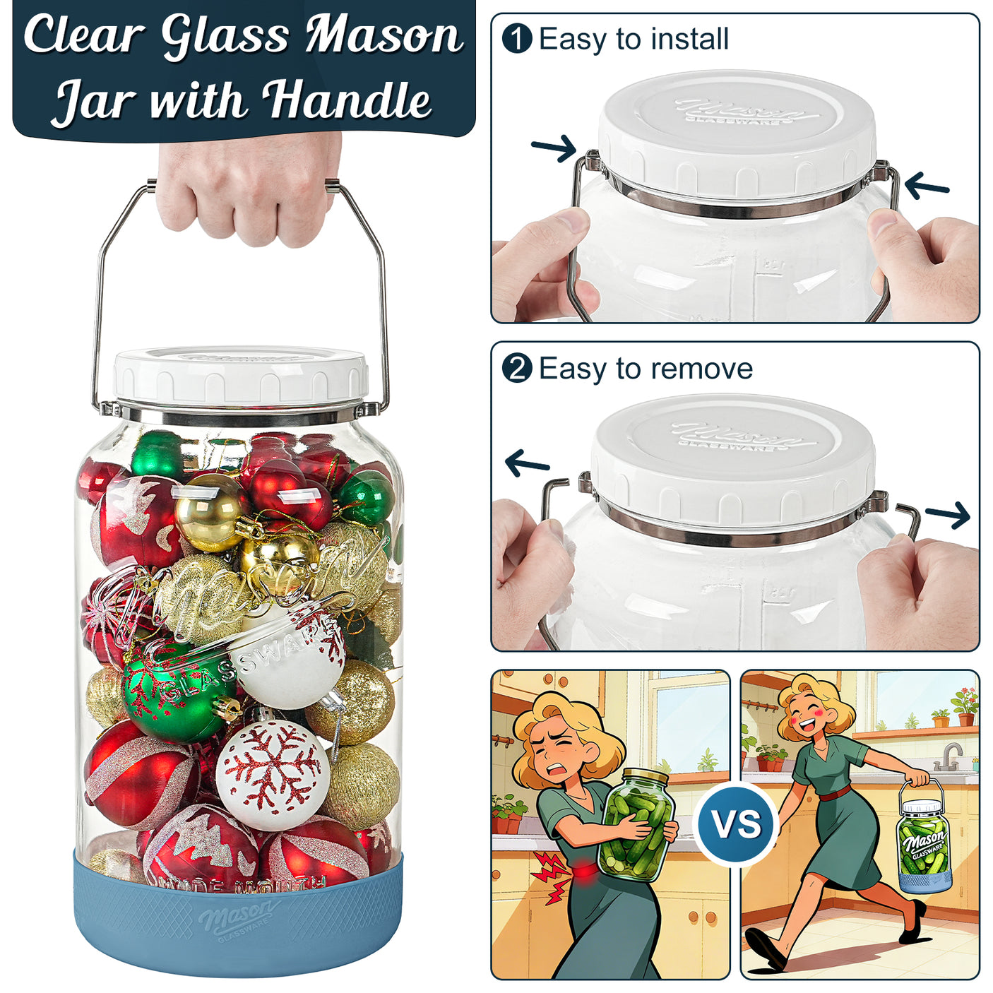 2 Pc 1.5 Gallon Storage Mason Jar with Silicone Anti-slip Cover & Airtight Lid, Steel Removable Handle