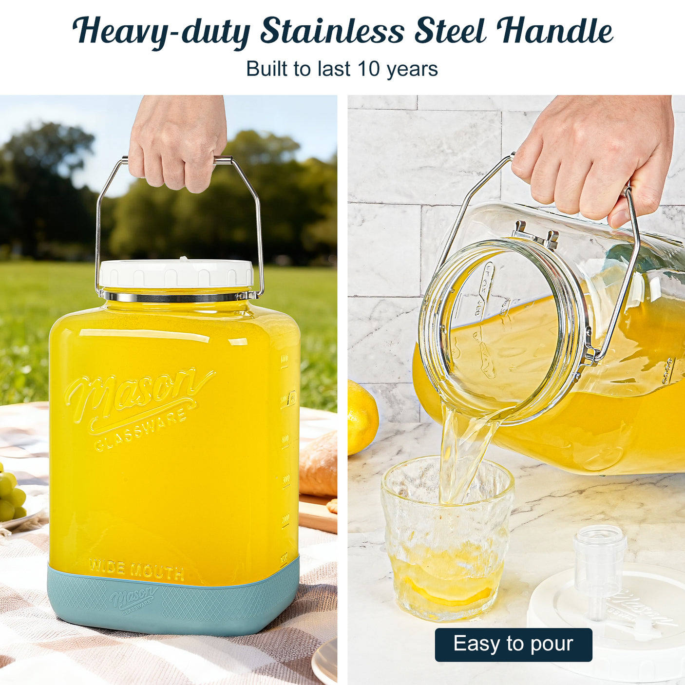 2 Pc 2 Gallon Fermentation Mason Jar with Blue Silicone Anti-slip Cover & Airlocks, Steel Removable Handle