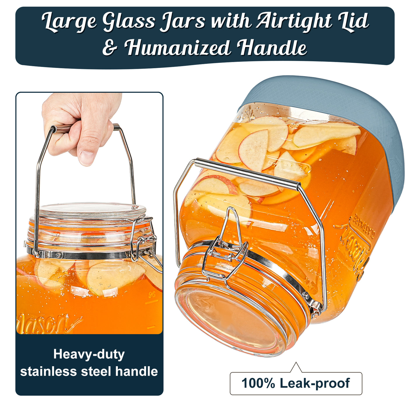 2 Pc 1 Gallon Glass Mason Jar with Silicone Anti-slip Cover & Airtight Glass Lid, Steel Removable Handle