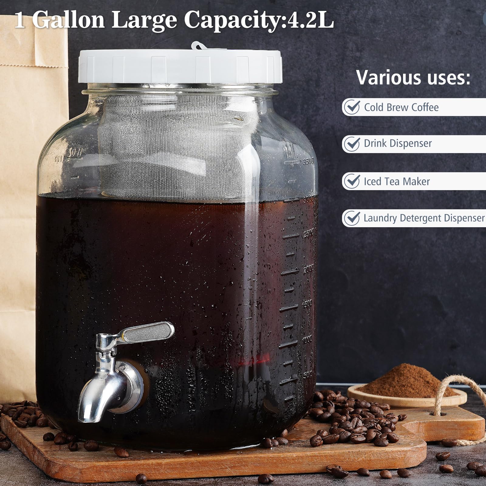 1 Gallon Square Cold Brew Coffee Maker with Mesh Filter, Spigot