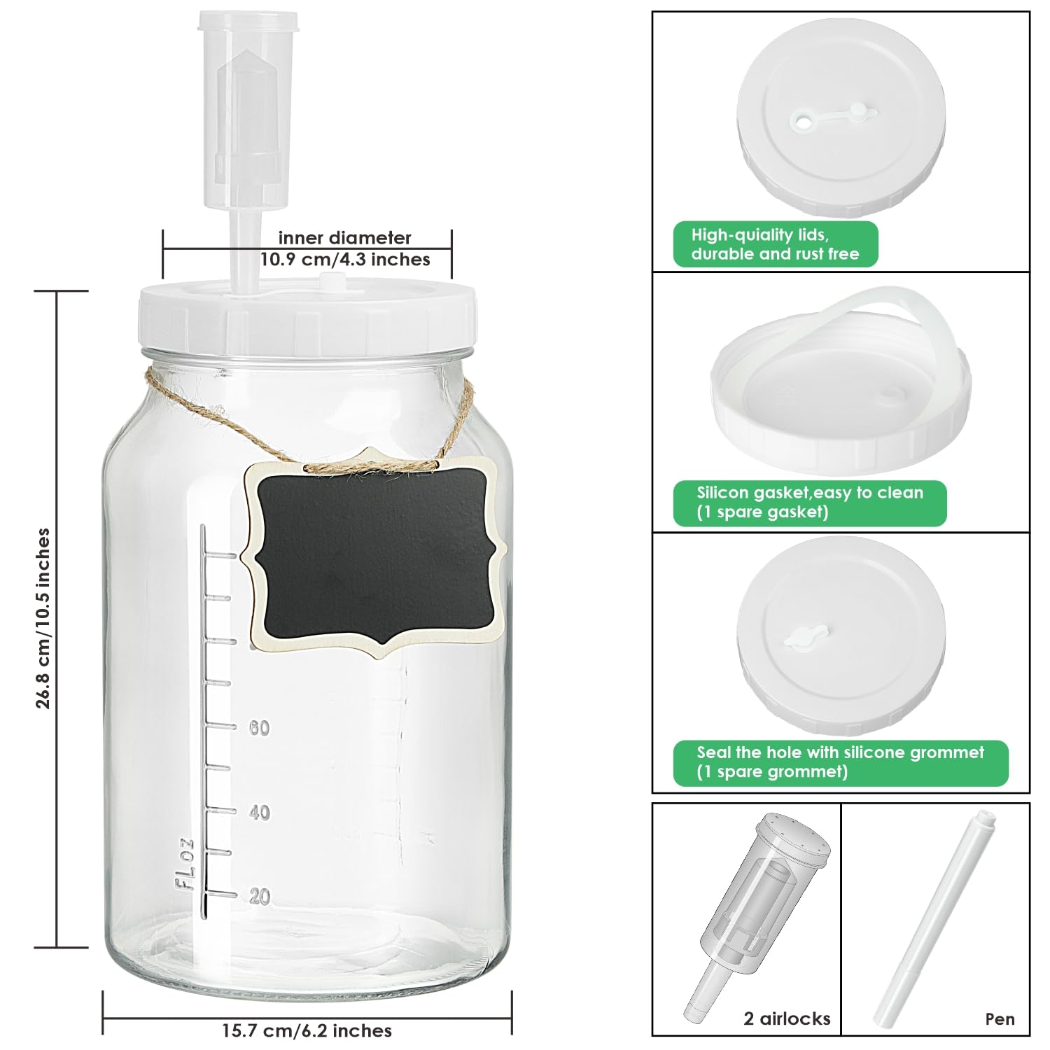 1 Gallon Large Round Fermentation Jars with Airlocks and Airtight Screw Lid