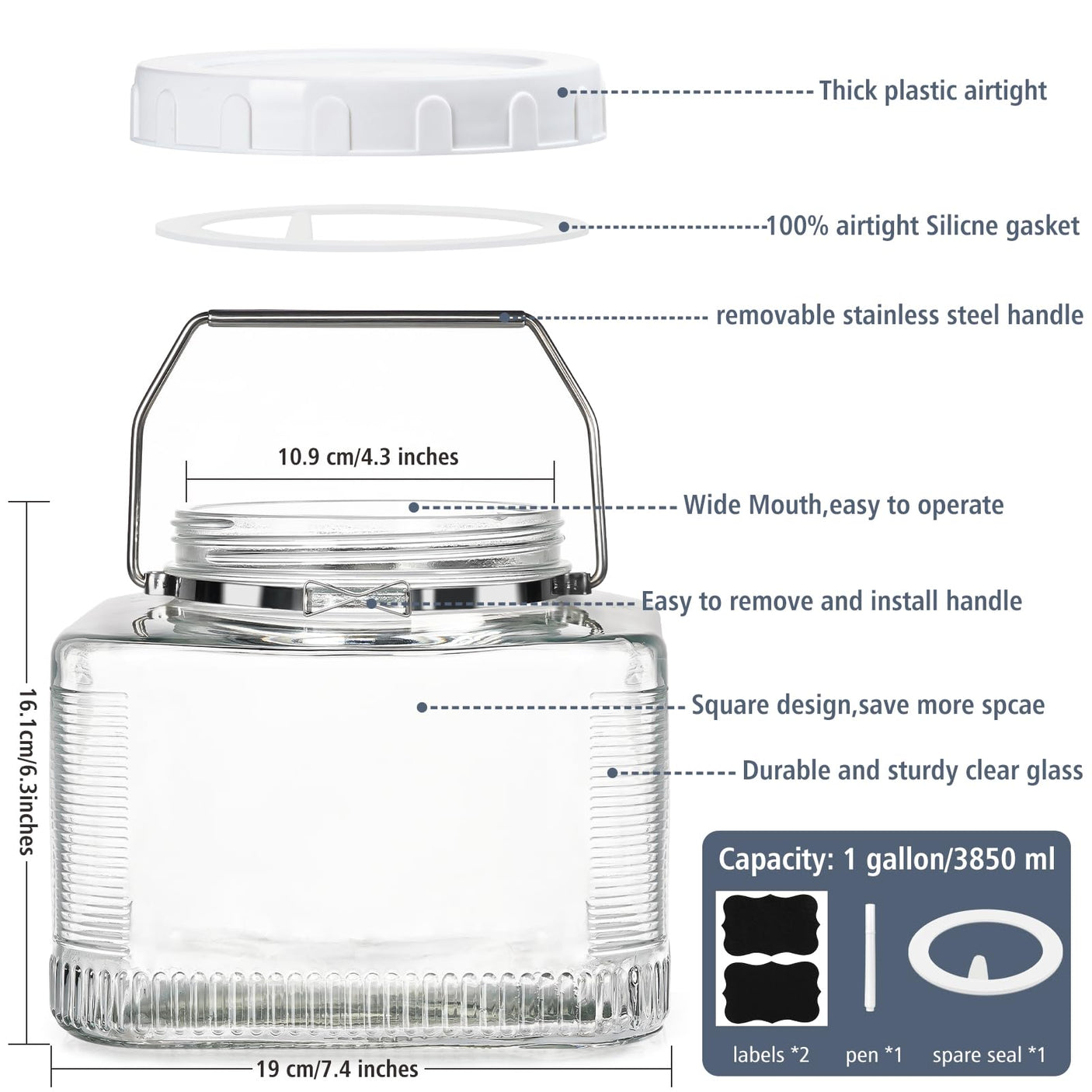 1 Gallon Square Glass Storage Jar(Free Labels and Pen)