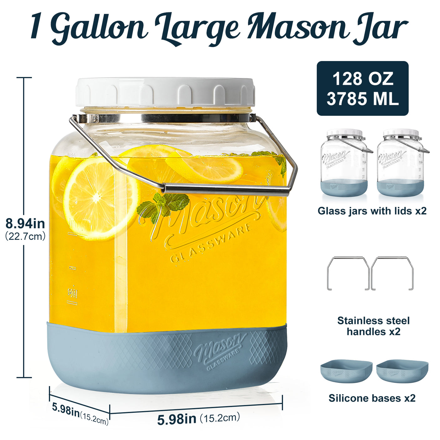 2 Pc 1 Gallon Square Mason Jar with Silicone Anti-slip Cover & Airtight Lid, Steel Removable Handle