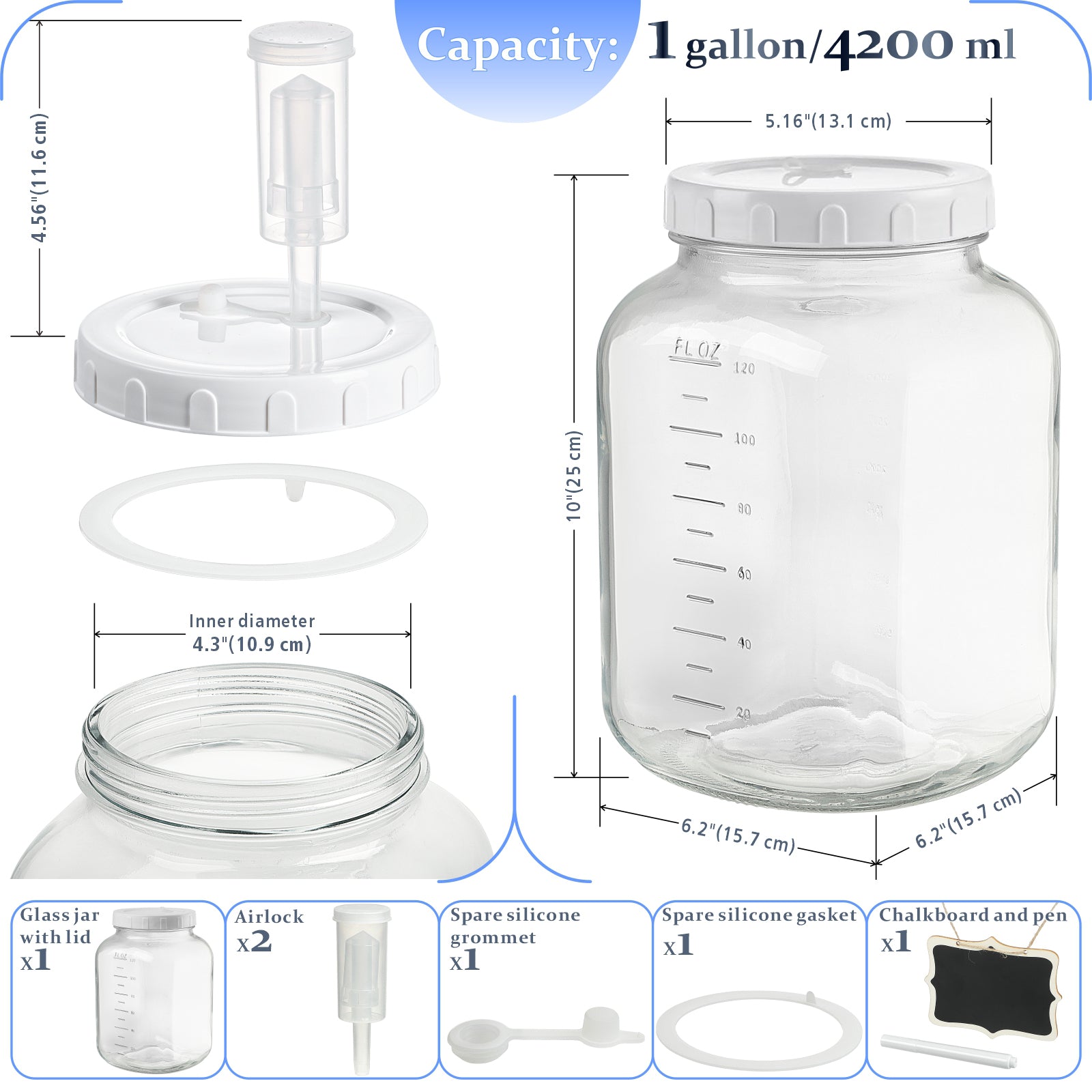 1 Gallon Square Fermentation Jar(2 Airlocks and 1 Screw Lid)