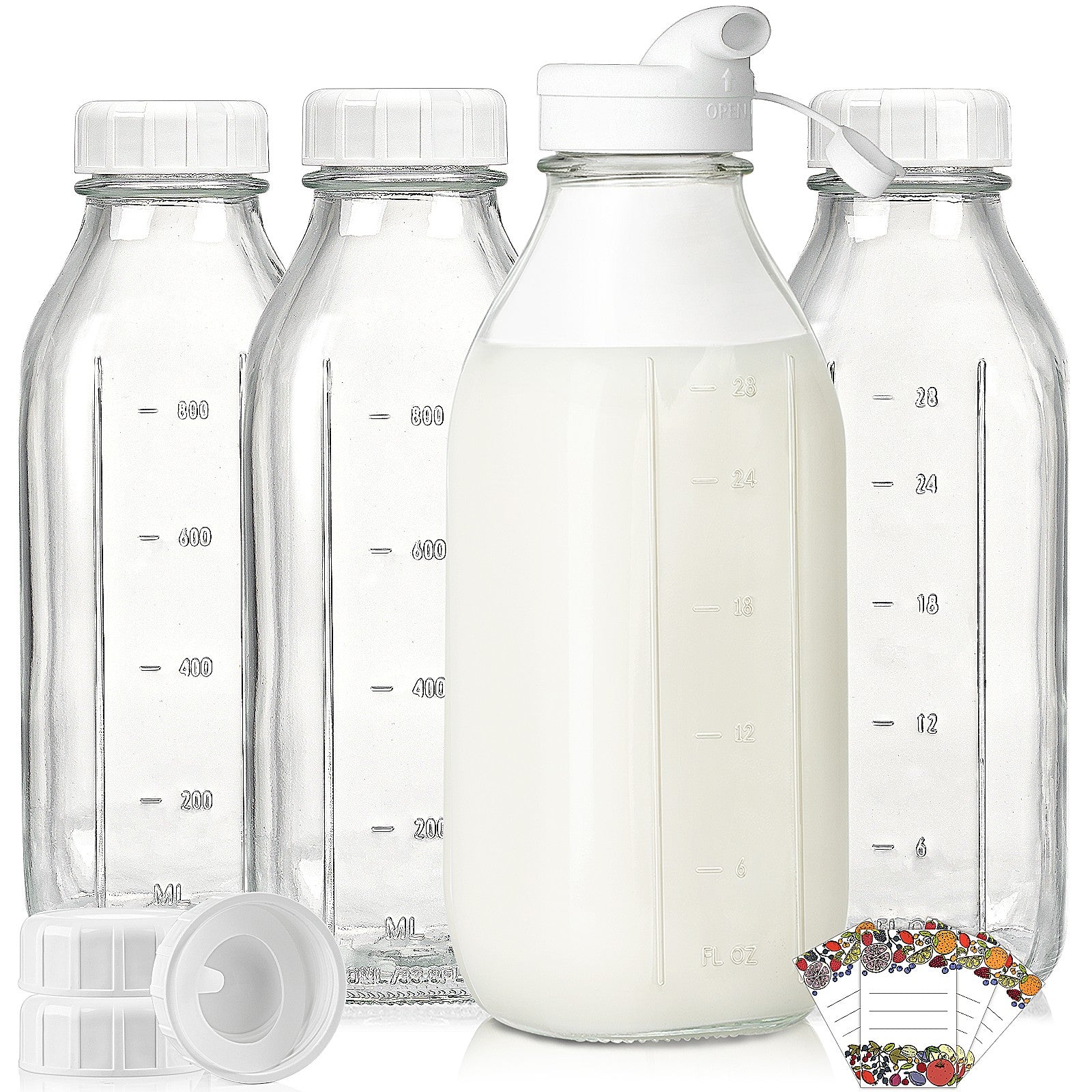 Syntic 32 oz Reusable Glass Jars Milk Bottle With Lid and Pourer (Set of 4)