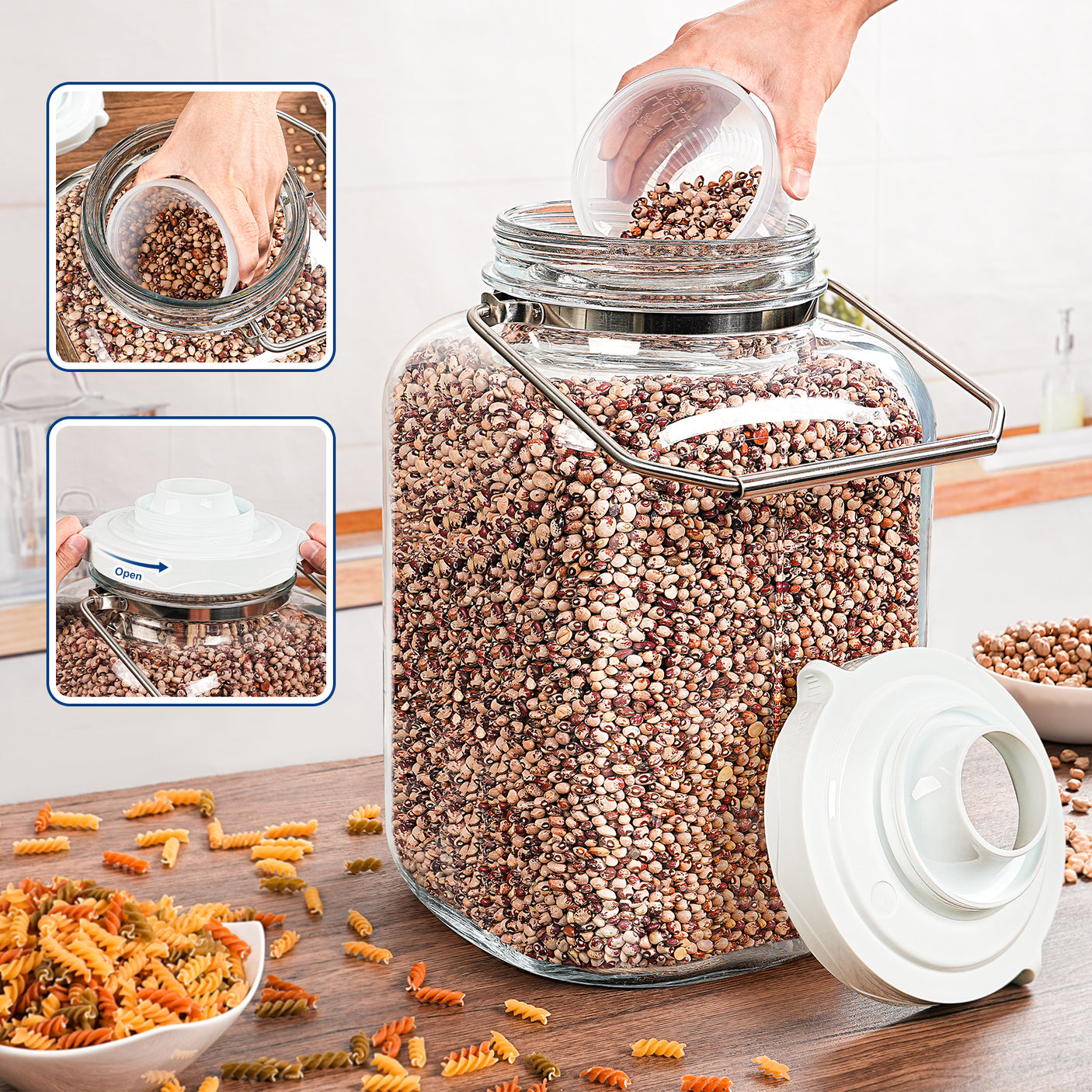 5 Gallon Wide Mouth Square Storage Glass Jar with Airtight Lid and Stainless Steel Handle