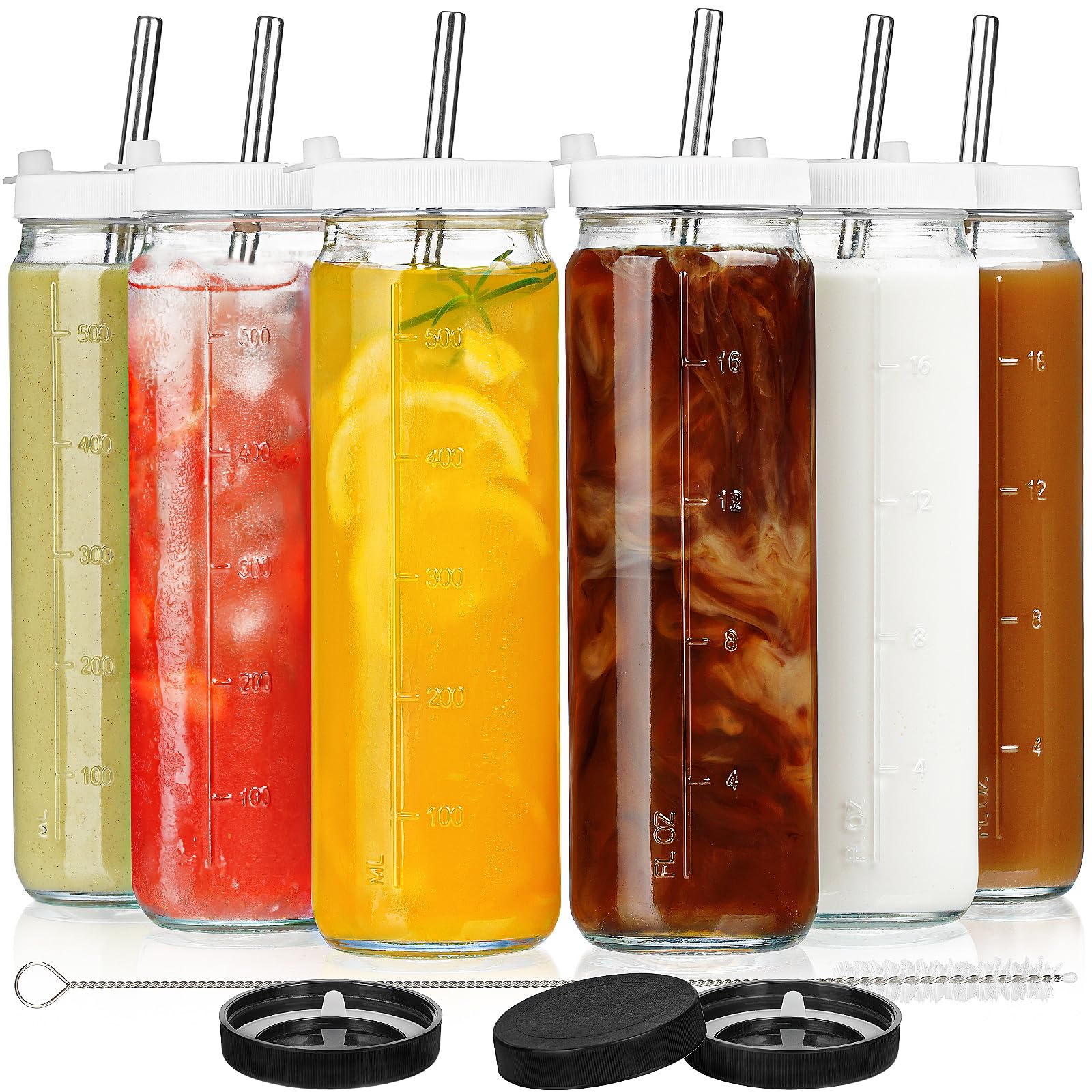 6 Pcs 16 & 20 Oz Glass Bottles with 6 Straws and 8 Screw Lids