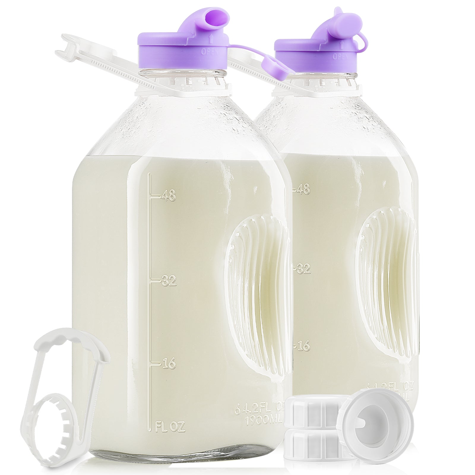 Syntic 64 OZ Reusable Glass Jars Milk Bottles With Handle, Lid and Pourer (Set of 2)