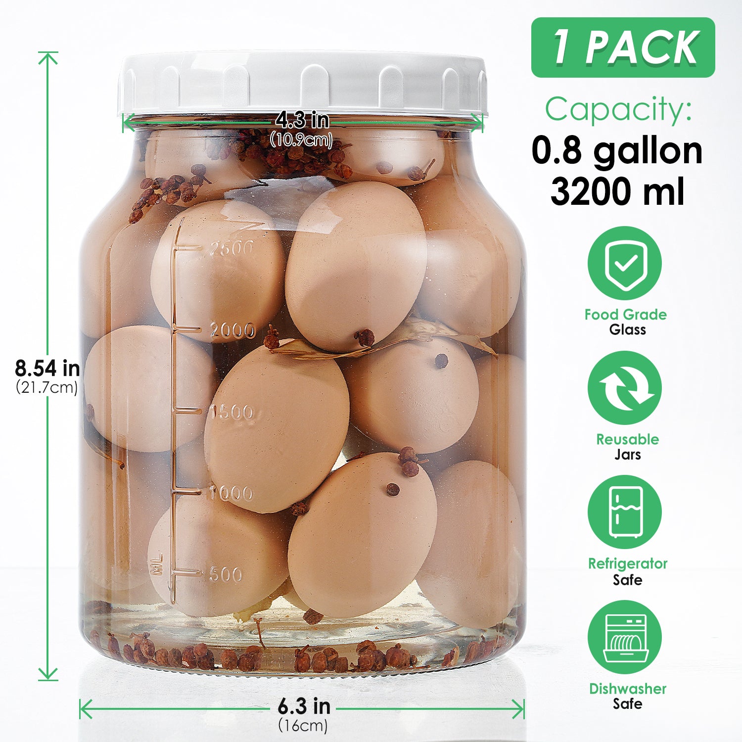 1 Pc 0.8 Gallon(3200ML) Round Glass Jars with Airtight Screw Lids